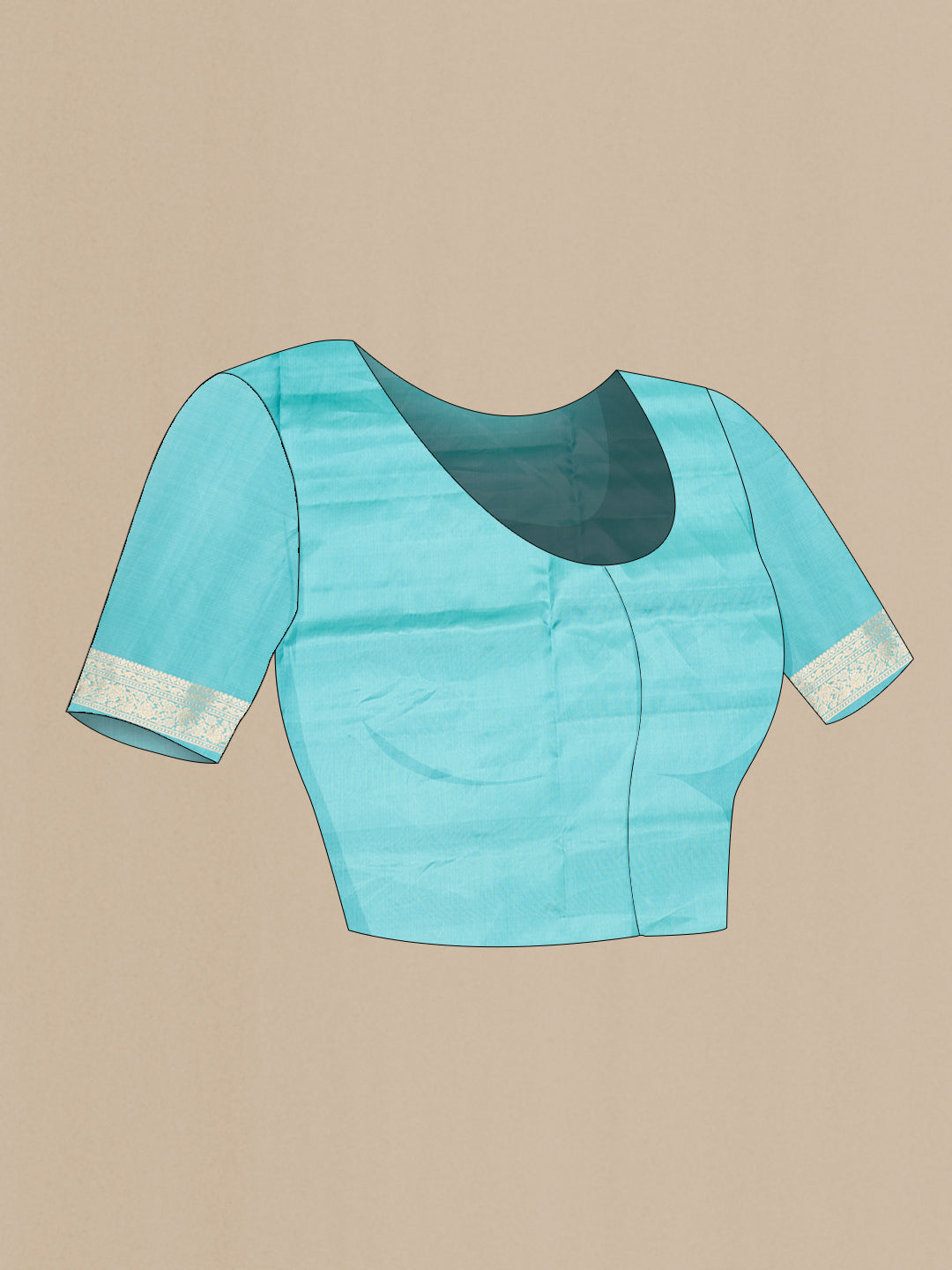 Close up image of the blouse of Pure Silk Sky Blue Soft Saree with Zari Butta on the body and Zari Border. 