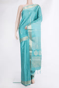 Pure Silk Sky Blue Soft Saree with Zari Butta on the body and Zari Border.  displayed on a mannequin
