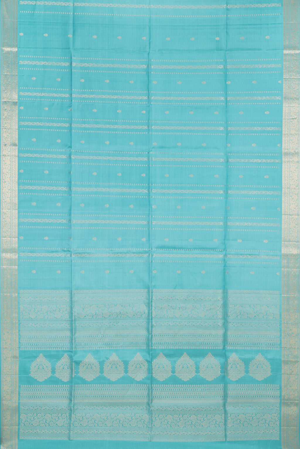 Flat view of Pure Silk Sky Blue Soft Saree with Zari Butta on the body and Zari Border. 