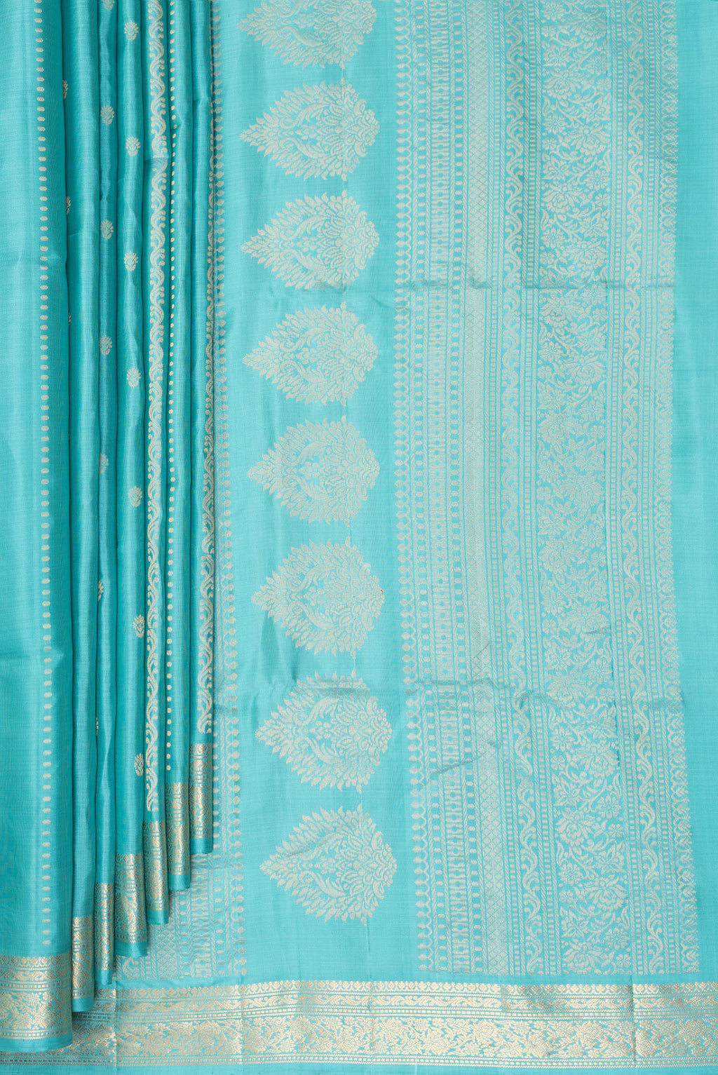 Pleats and pallu of Pure Silk Sky Blue Soft Saree with Zari Butta on the body and Zari Border. 