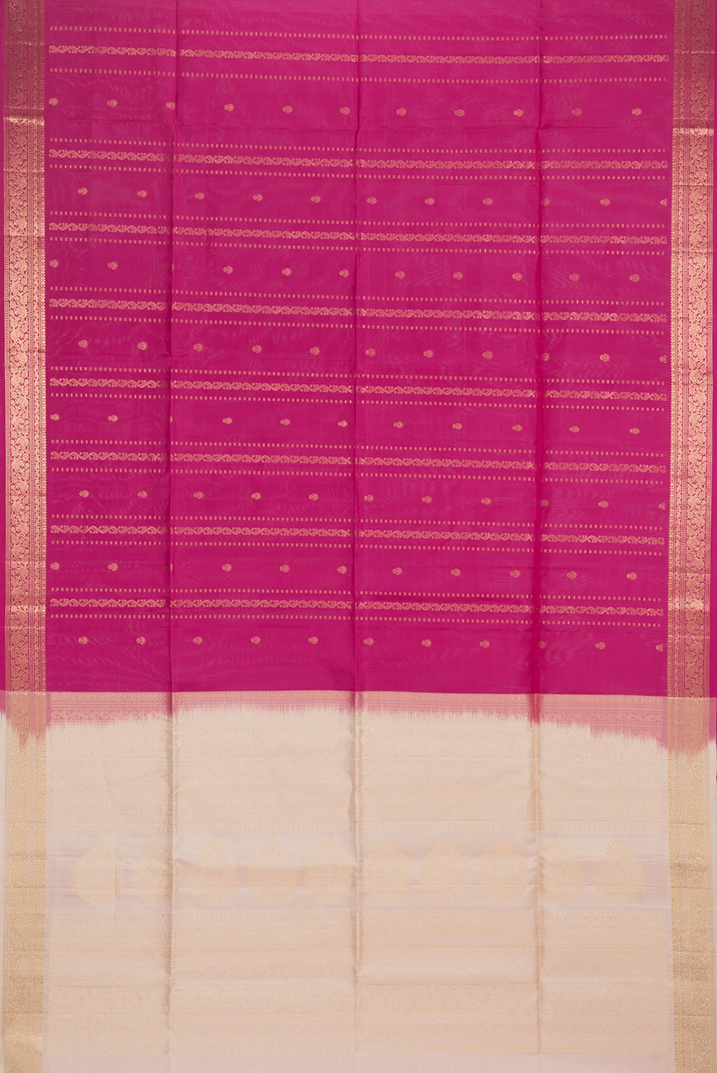 Flat view of Pure Silk Dark Pink Soft Saree with Zari Butta on the body and Zari Border. 