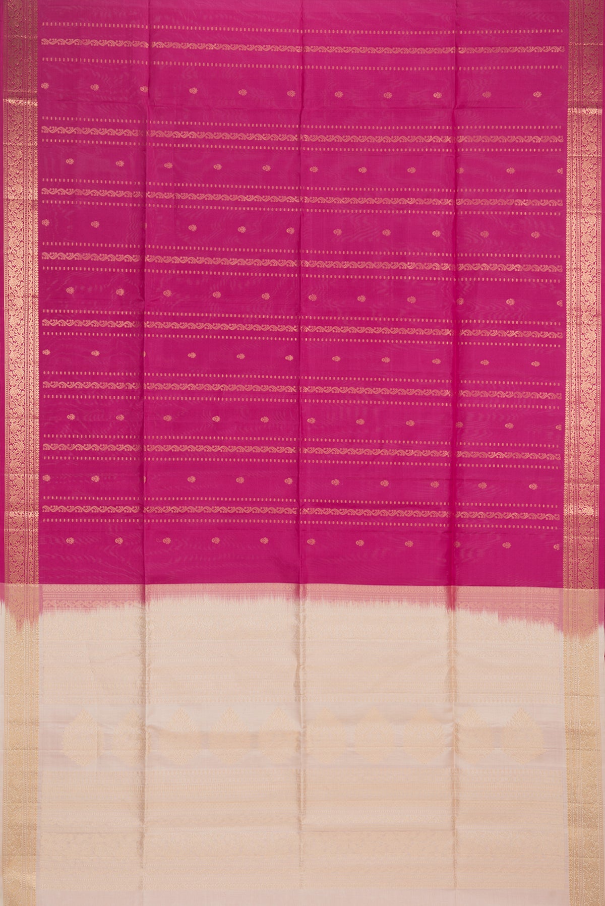 Flat view of Pure Silk Dark Pink Soft Saree with Zari Butta on the body and Zari Border. 