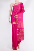 Pure Silk Dark Pink Soft Saree with Zari Butta on the body and Zari Border.  displayed on a mannequin