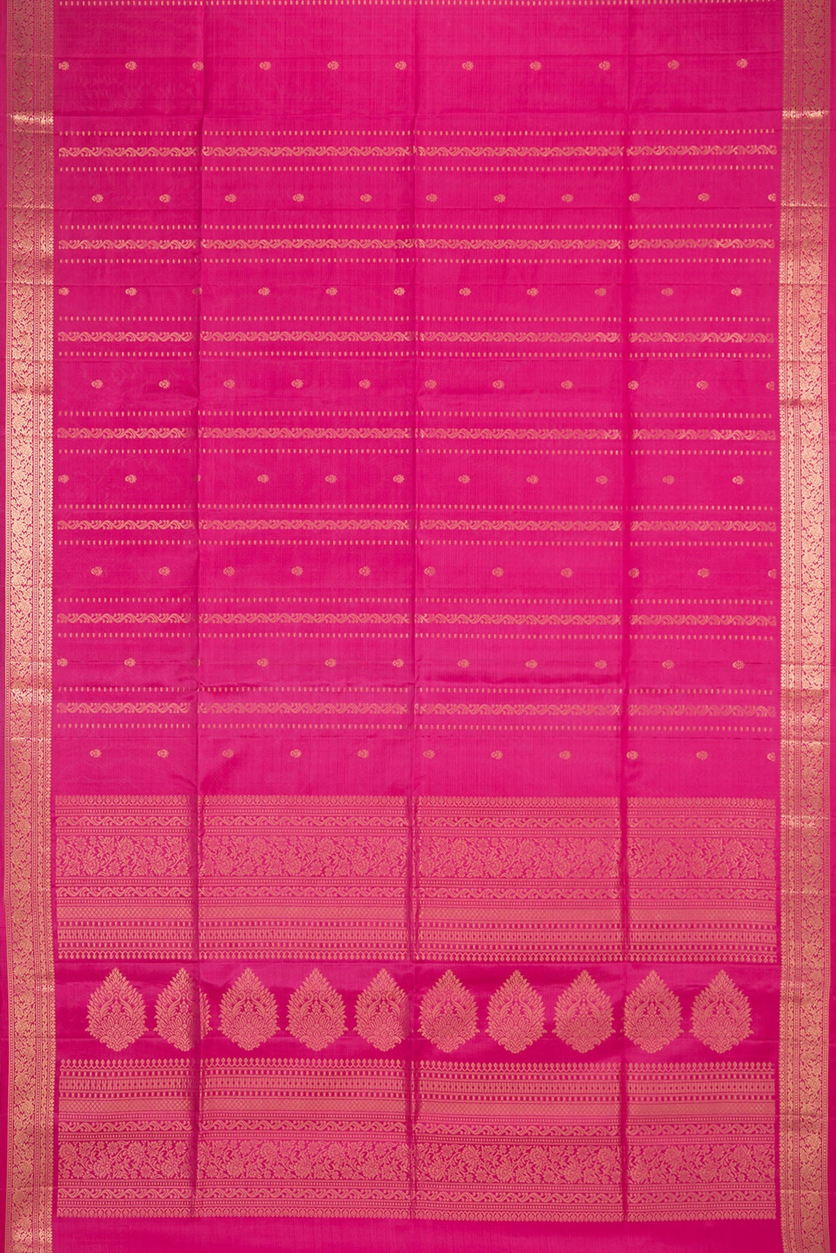 Flat view of Pure Silk Dark Pink Soft Saree with Zari Butta on the body and Zari Border. 