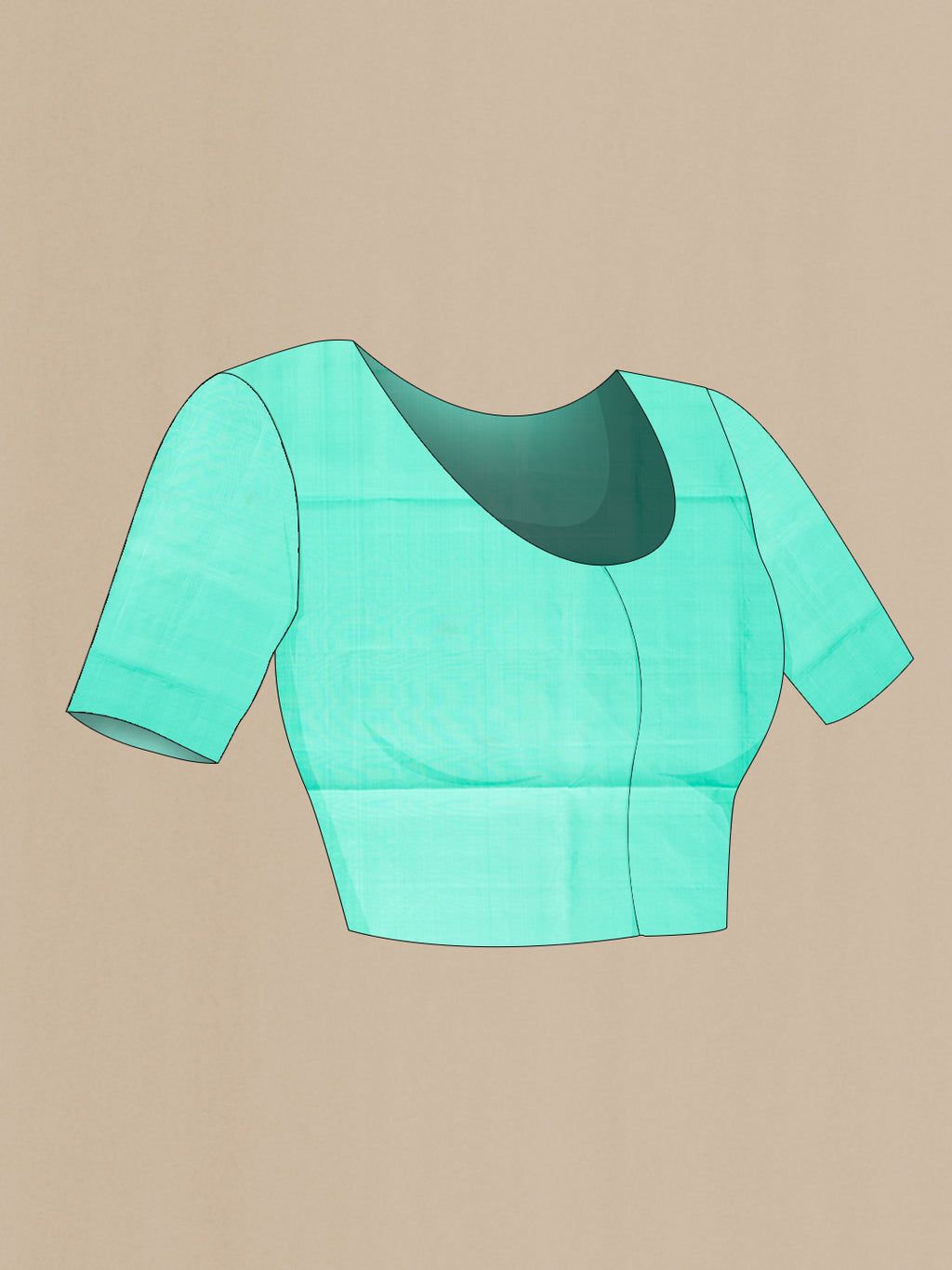 Close up image of the blouse of Pure Silk Sea Green Soft Saree with Zari Butta on the body and Fancy Border. 