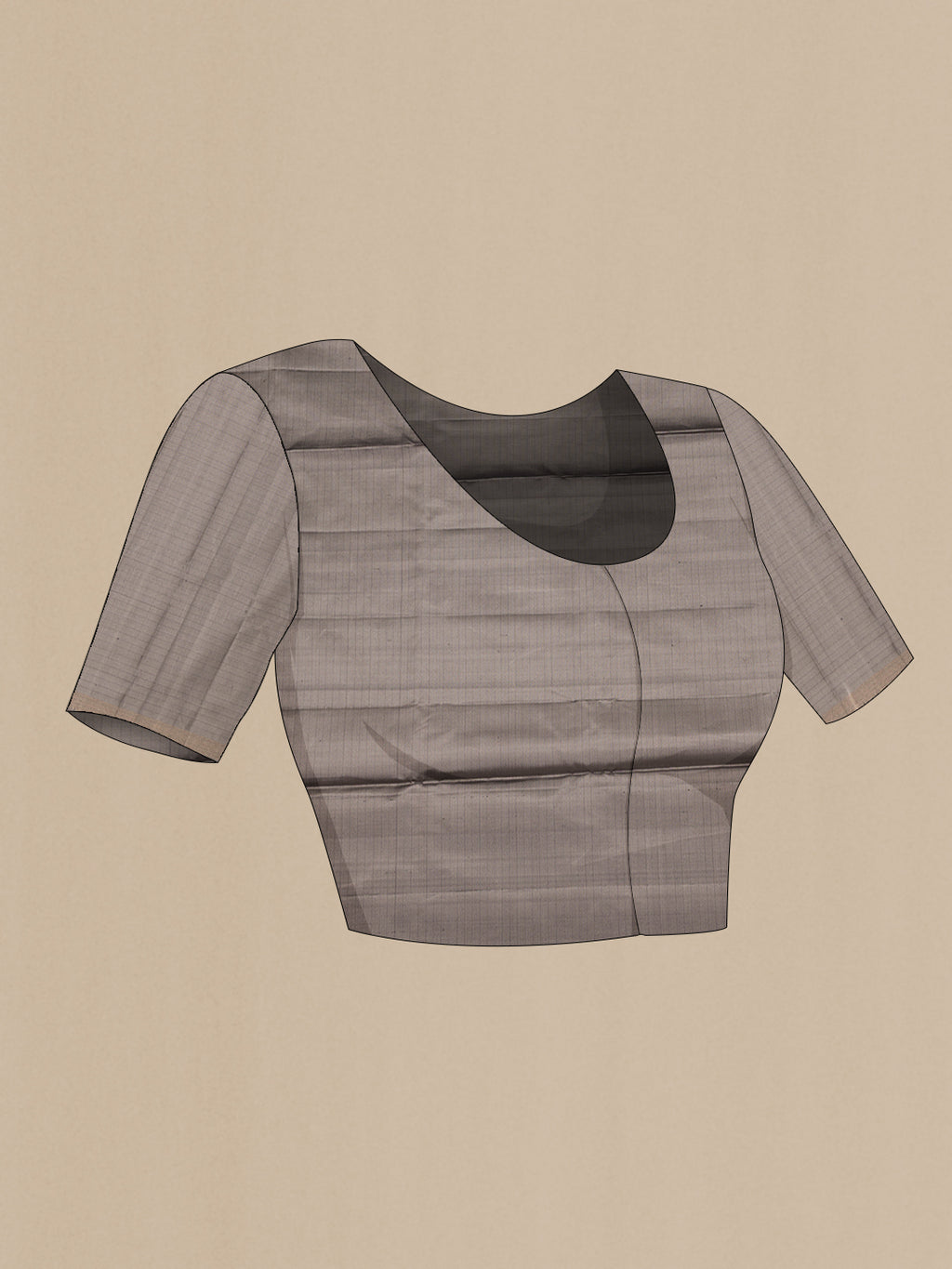 Close up image of the blouse of Pure Silk Grey Soft Saree with Zari Butta on the body and Fancy Border. 
