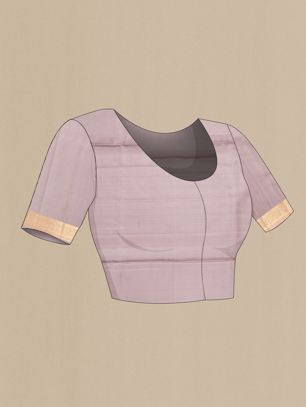 Close up image of the blouse of Pure Silk Beige Soft Saree with Zari Butta on the body and Zari Border. 