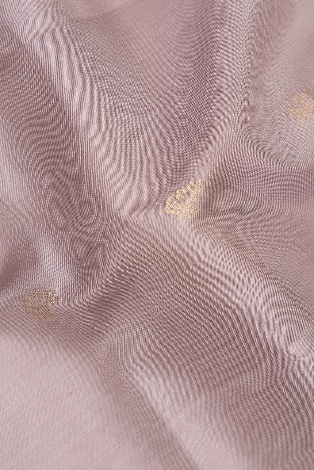 Close up of Pure Silk Beige Soft Saree with Zari Butta on the body and Zari Border.  displaying folds
