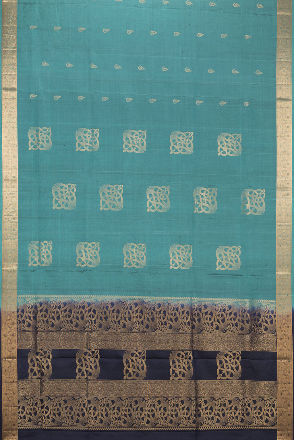 Flat view of Pure Silk Green Soft Saree with Zari Butta on the body and Zari Border. 