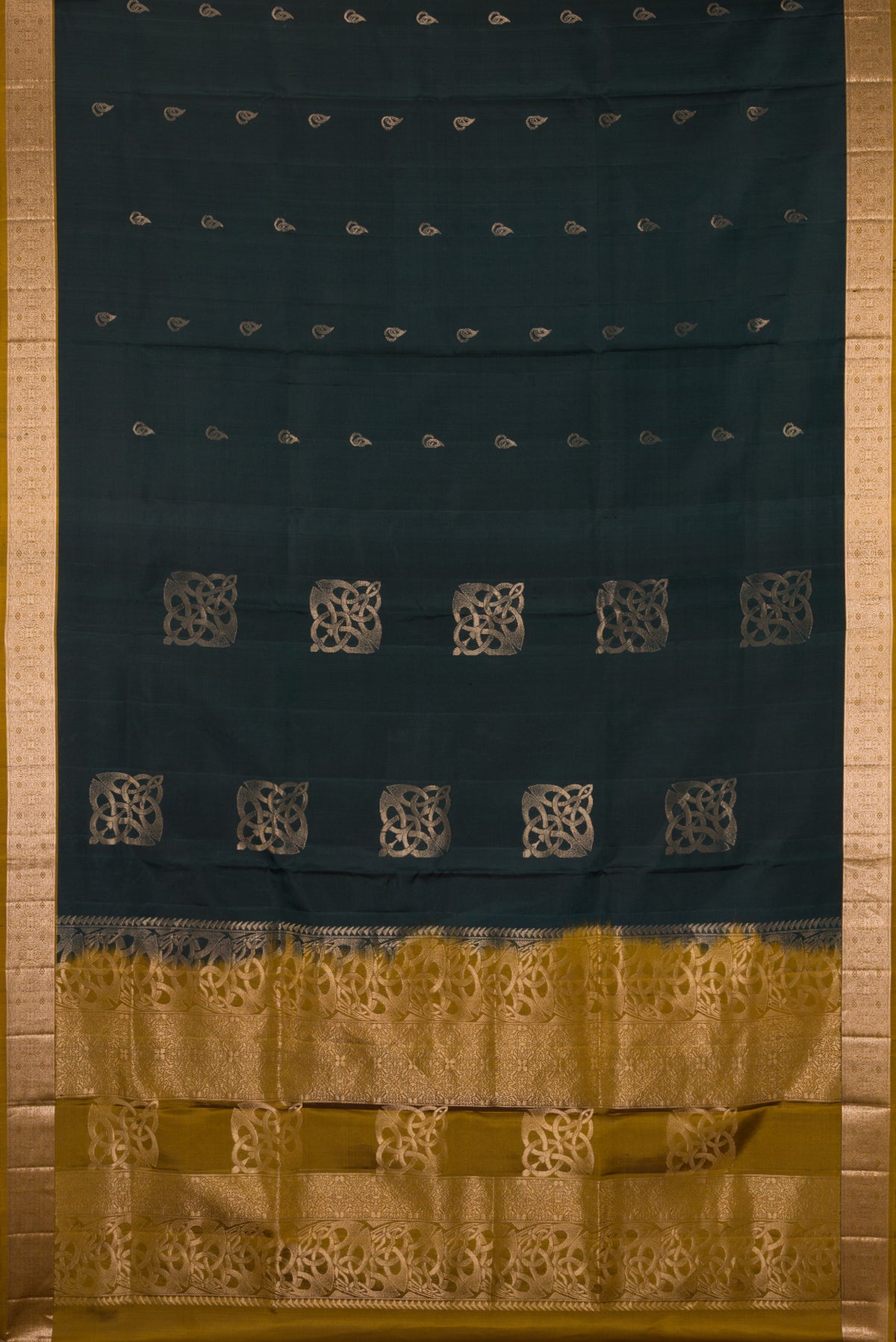 Flat view of Pure Silk Bottle Green Soft Saree with Zari Butta on the body and Zari Border. 