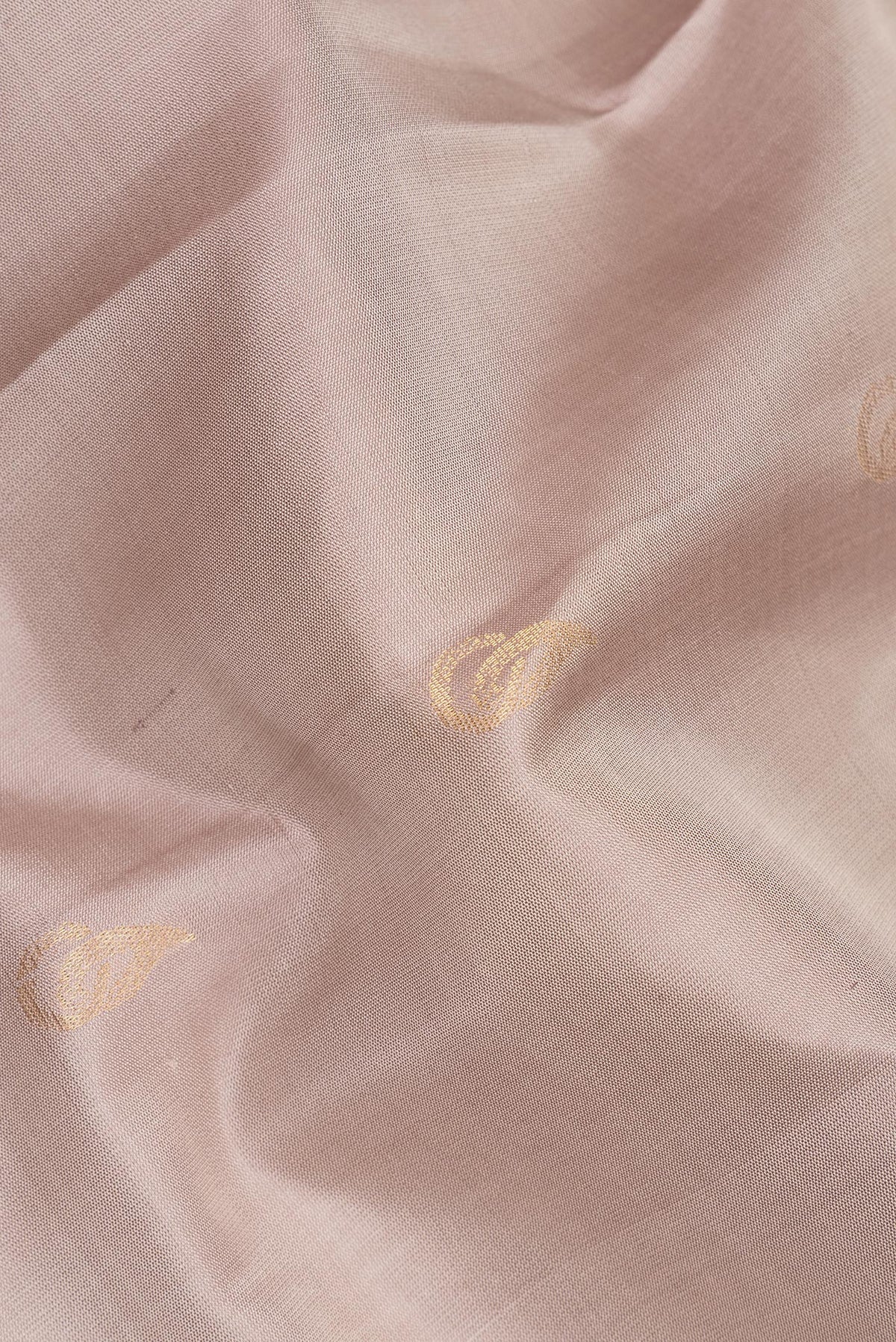 Close up of Pure Silk Beige Soft Saree with Zari Butta on the body and Zari Border.  displaying folds