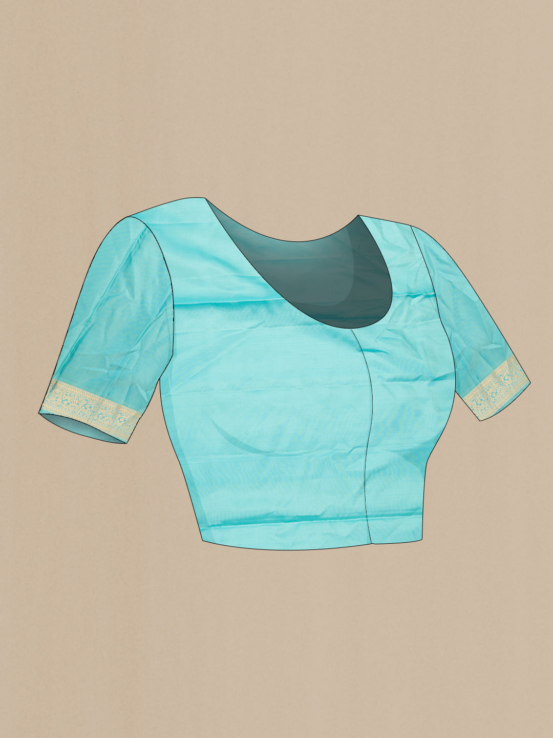 Close up image of the blouse of Pure Silk Sky Blue Soft Saree with Zari Butta on the body and Zari Border. 