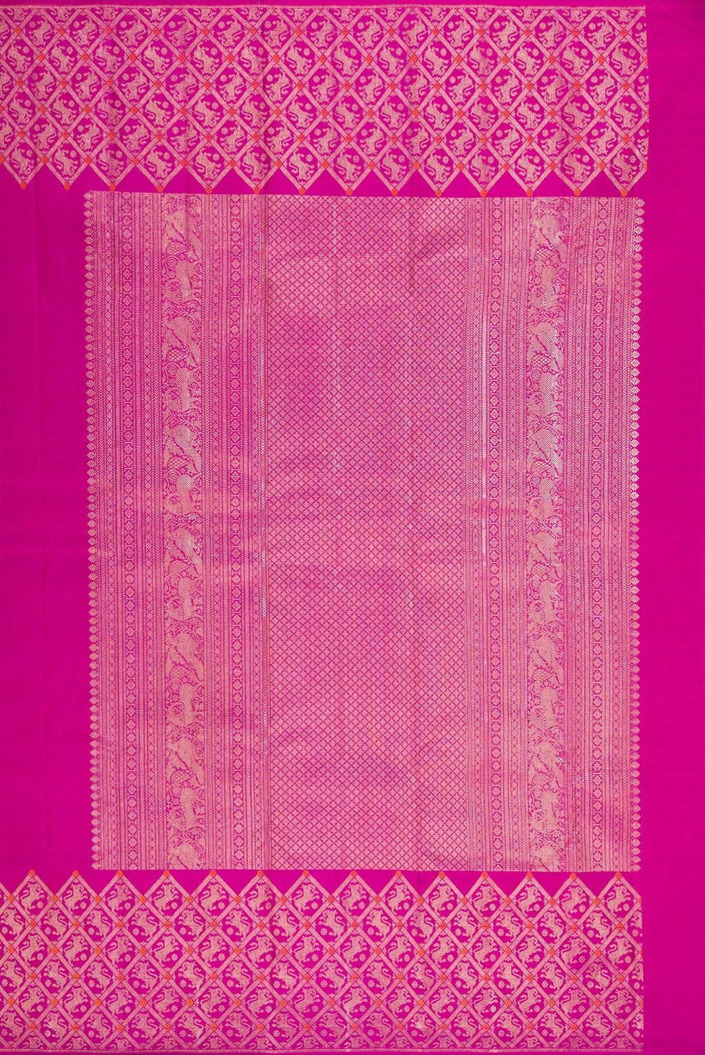 Close up image of the pallu of Pure Silk Pink Kanjivaram Saree with Zari Butta on the body and Fancy Border. 