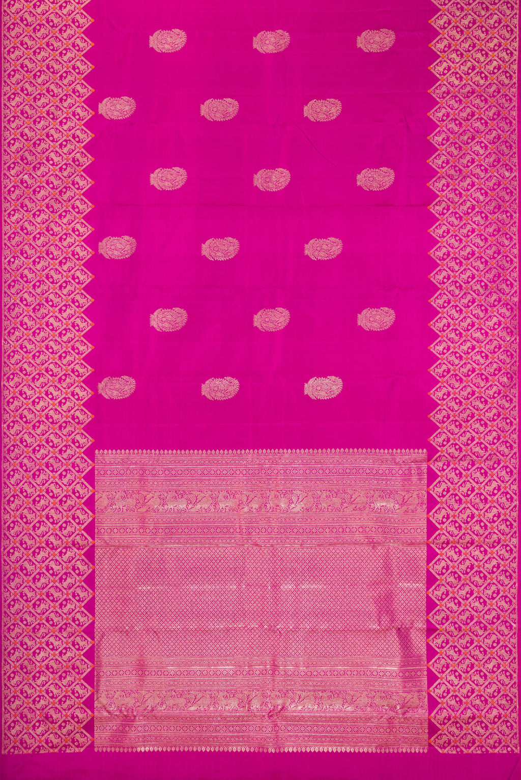 Flat view of Pure Silk Pink Kanjivaram Saree with Zari Butta on the body and Fancy Border. 