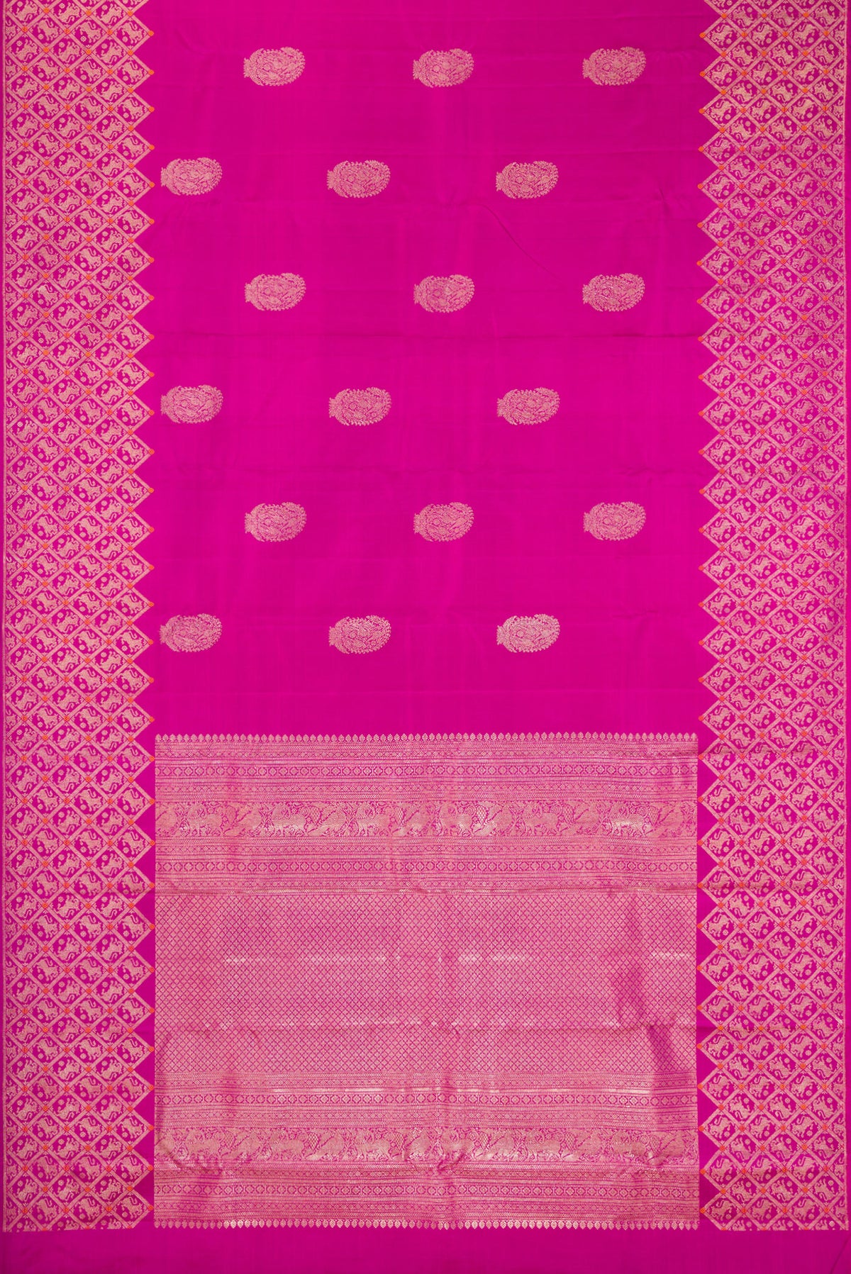 Flat view of Pure Silk Pink Kanjivaram Saree with Zari Butta on the body and Fancy Border. 