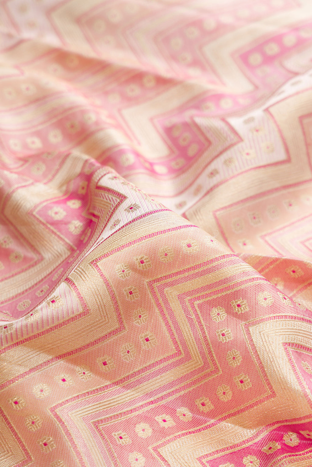 Close up of Pure Silk Multi Color Kanjivaram Saree with Zari Brocade on the body and Zari Border.  displaying folds