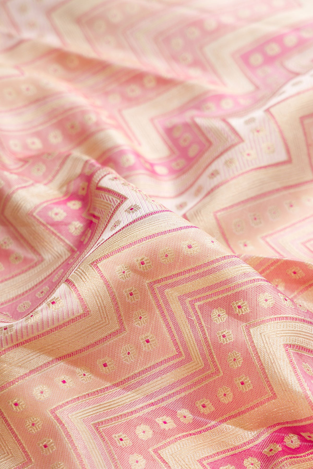 Close up of Pure Silk Multi Color Kanjivaram Saree with Zari Brocade on the body and Zari Border.  displaying folds