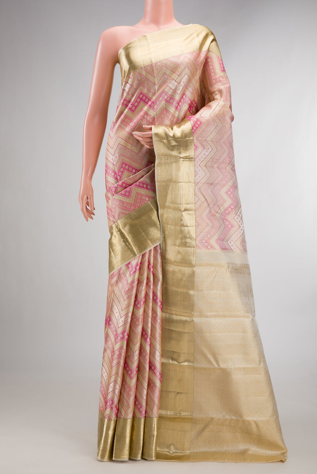 Pure Silk Multi Color Kanjivaram Saree with Zari Brocade on the body and Zari Border.  displayed on a mannequin