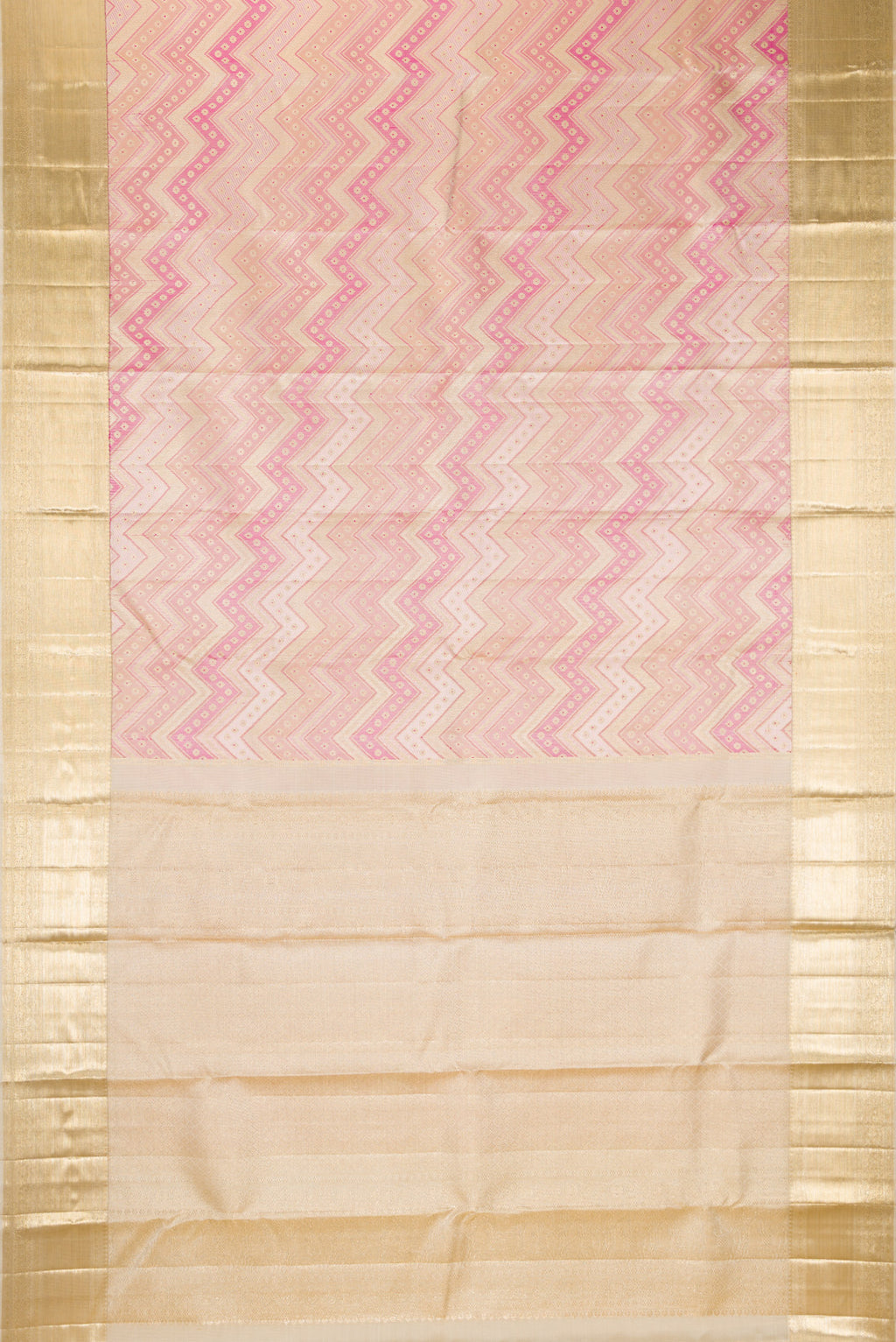 Flat view of Pure Silk Multi Color Kanjivaram Saree with Zari Brocade on the body and Zari Border. 