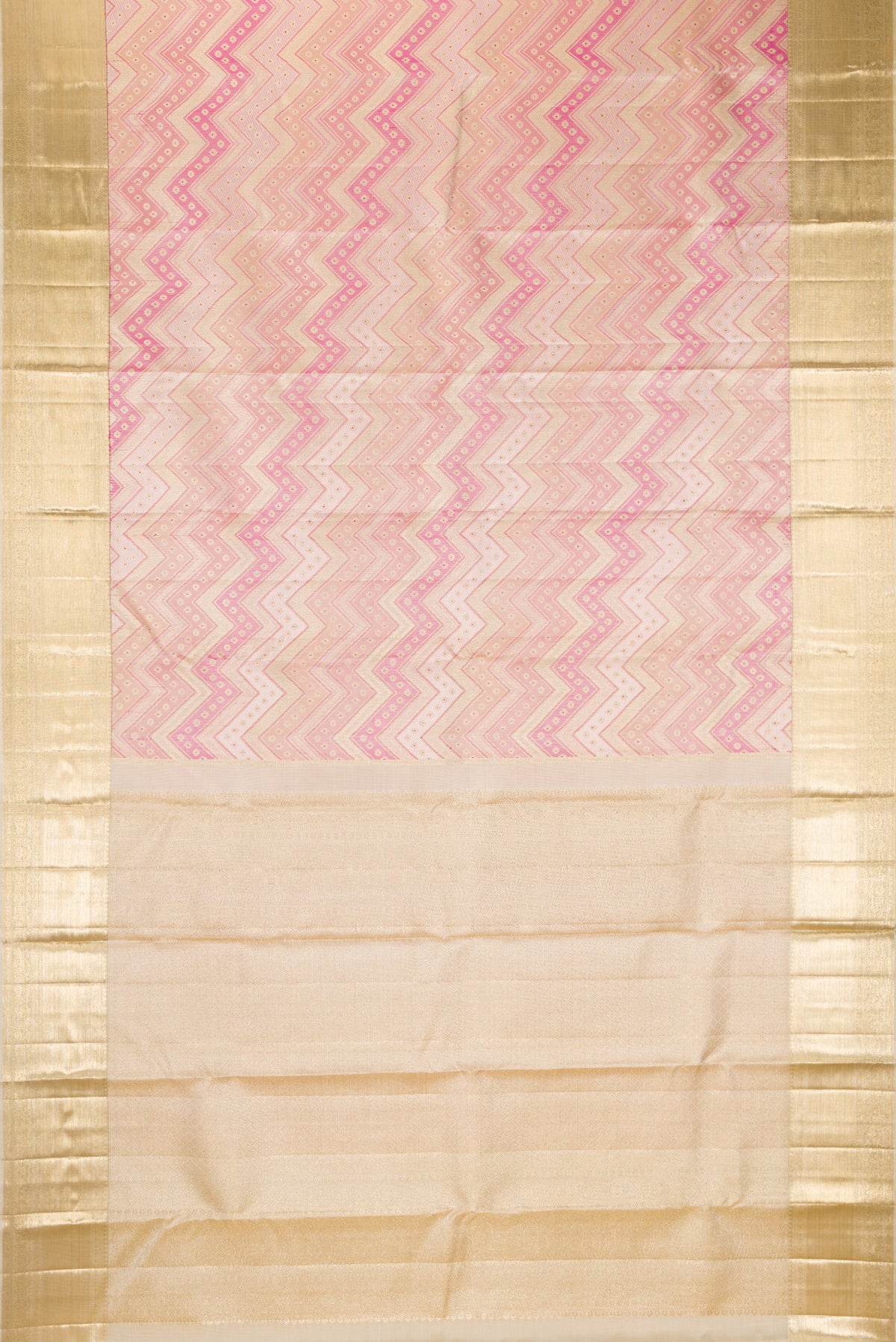 Flat view of Pure Silk Multi Color Kanjivaram Saree with Zari Brocade on the body and Zari Border. 