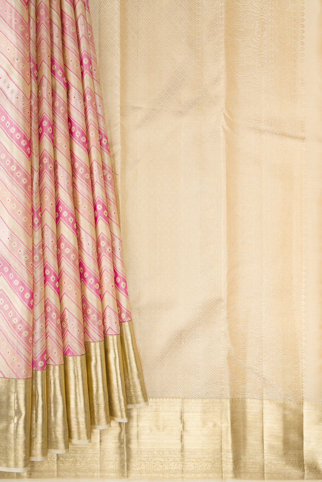 Pleats and pallu of Pure Silk Multi Color Kanjivaram Saree with Zari Brocade on the body and Zari Border. 