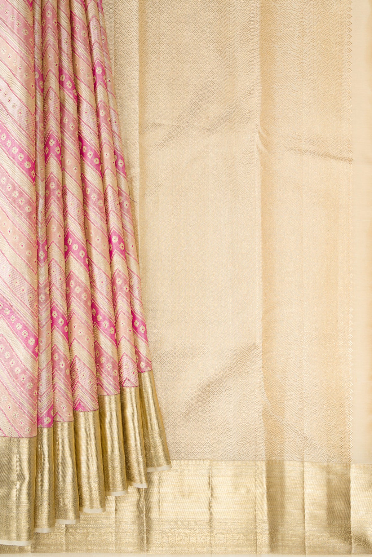 Pleats and pallu of Pure Silk Multi Color Kanjivaram Saree with Zari Brocade on the body and Zari Border. 