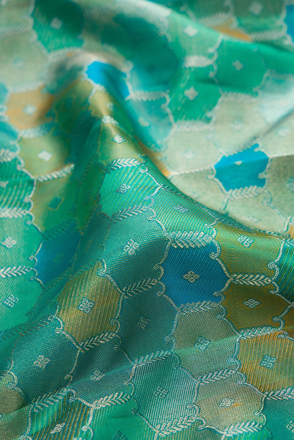Close up of Pure Silk Sea Green Dual Tone Kanjivaram Saree with Zari Brocade on the body and Zari Border.  displaying folds