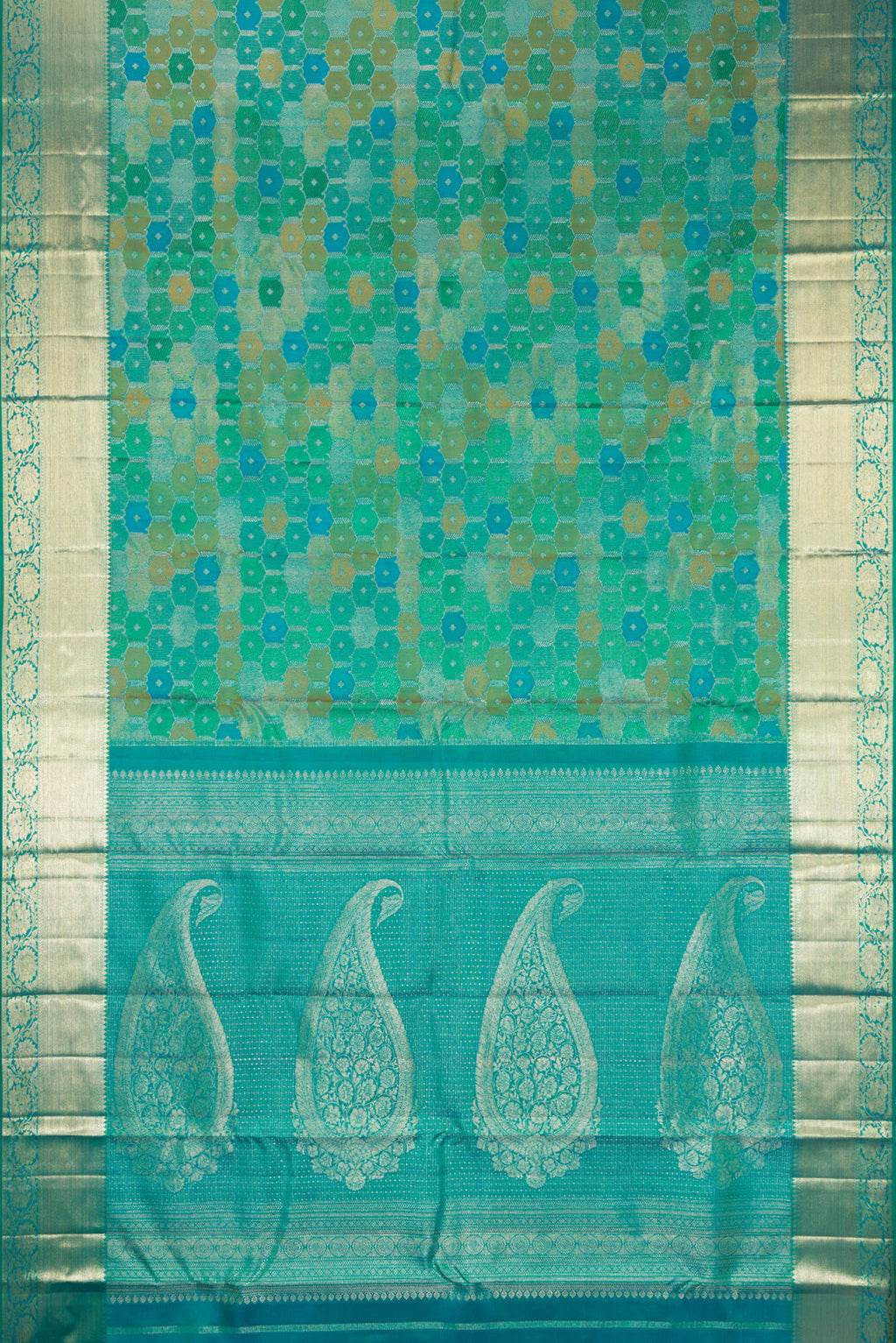 Flat view of Pure Silk Sea Green Dual Tone Kanjivaram Saree with Zari Brocade on the body and Zari Border. 