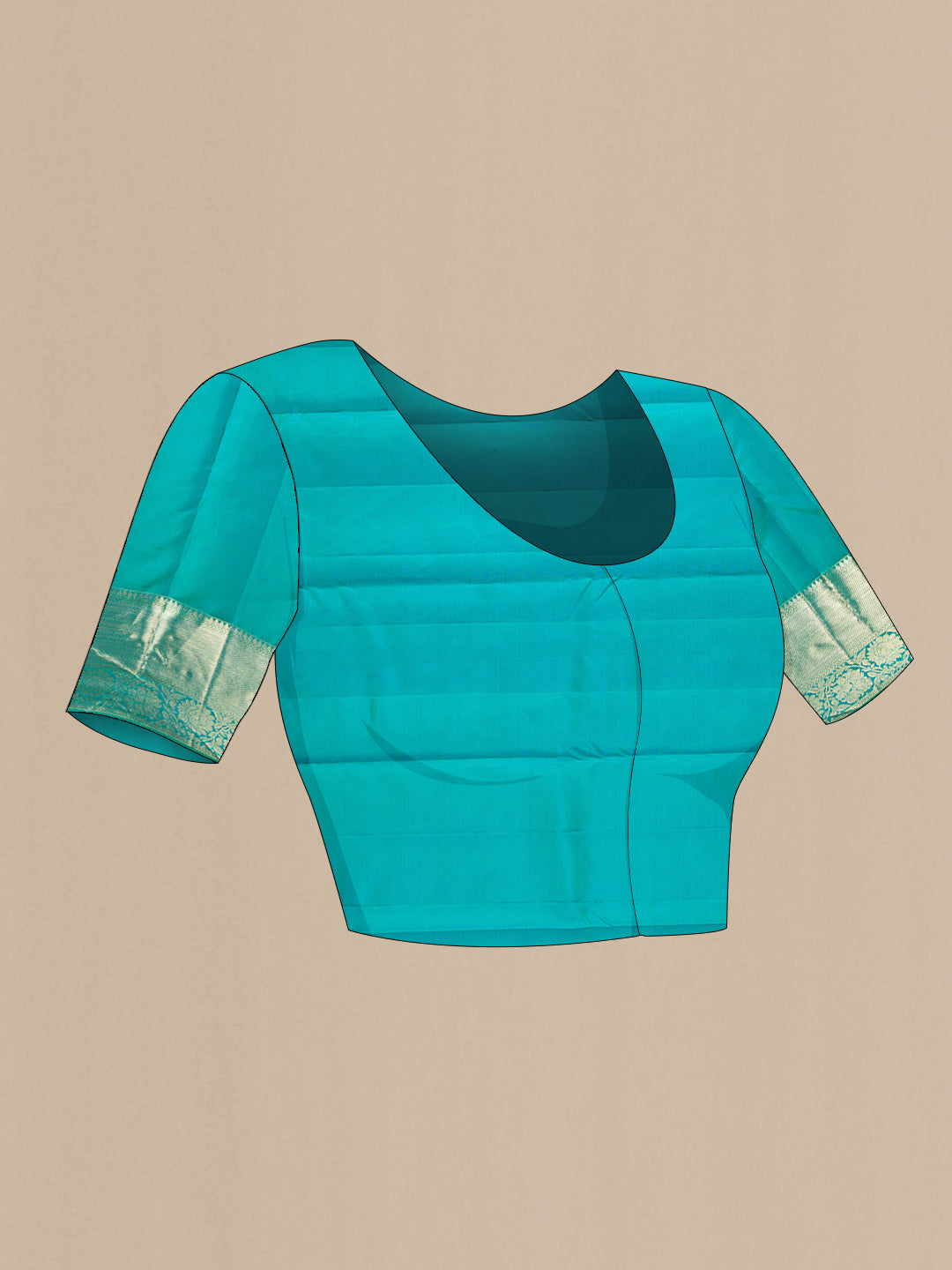 Close up image of the blouse of Pure Silk Sea Green Dual Tone Kanjivaram Saree with Zari Brocade on the body and Zari Border. 