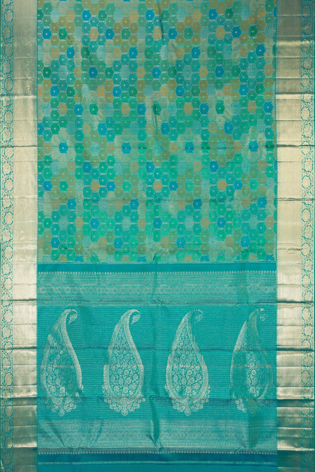 Flat view of Pure Silk Sea Green Dual Tone Kanjivaram Saree with Zari Brocade on the body and Zari Border. 