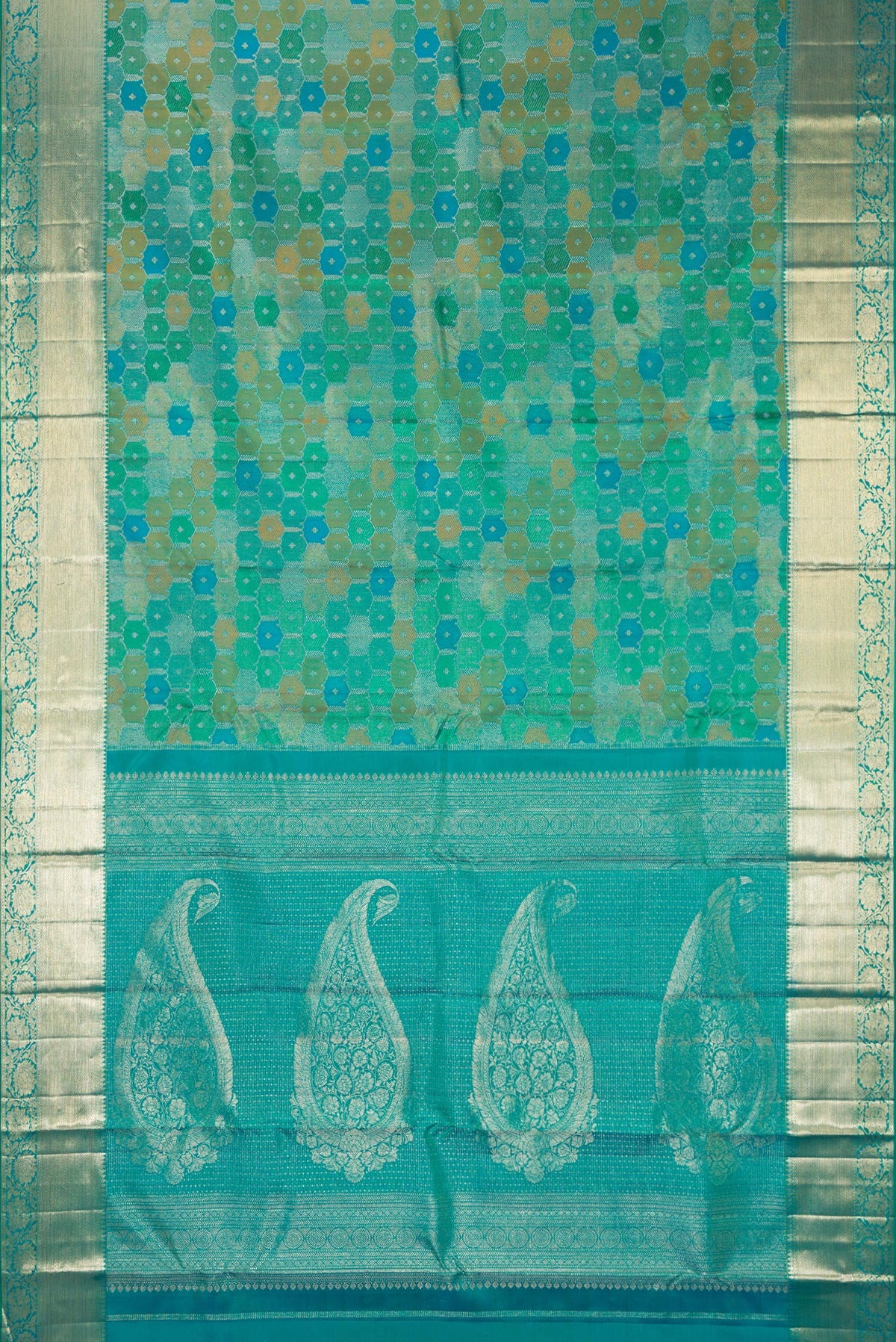 Flat view of Pure Silk Sea Green Dual Tone Kanjivaram Saree with Zari Brocade on the body and Zari Border. 