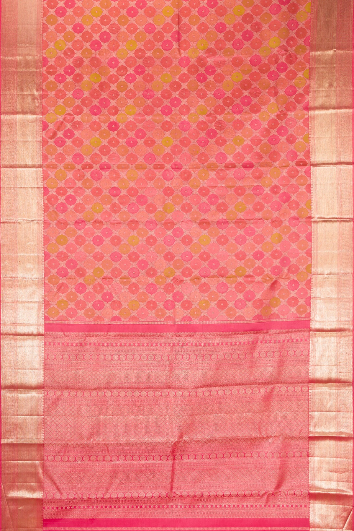 Flat view of Pure Silk Coral Kanjivaram Saree with Zari Brocade on the body and Zari Border. 