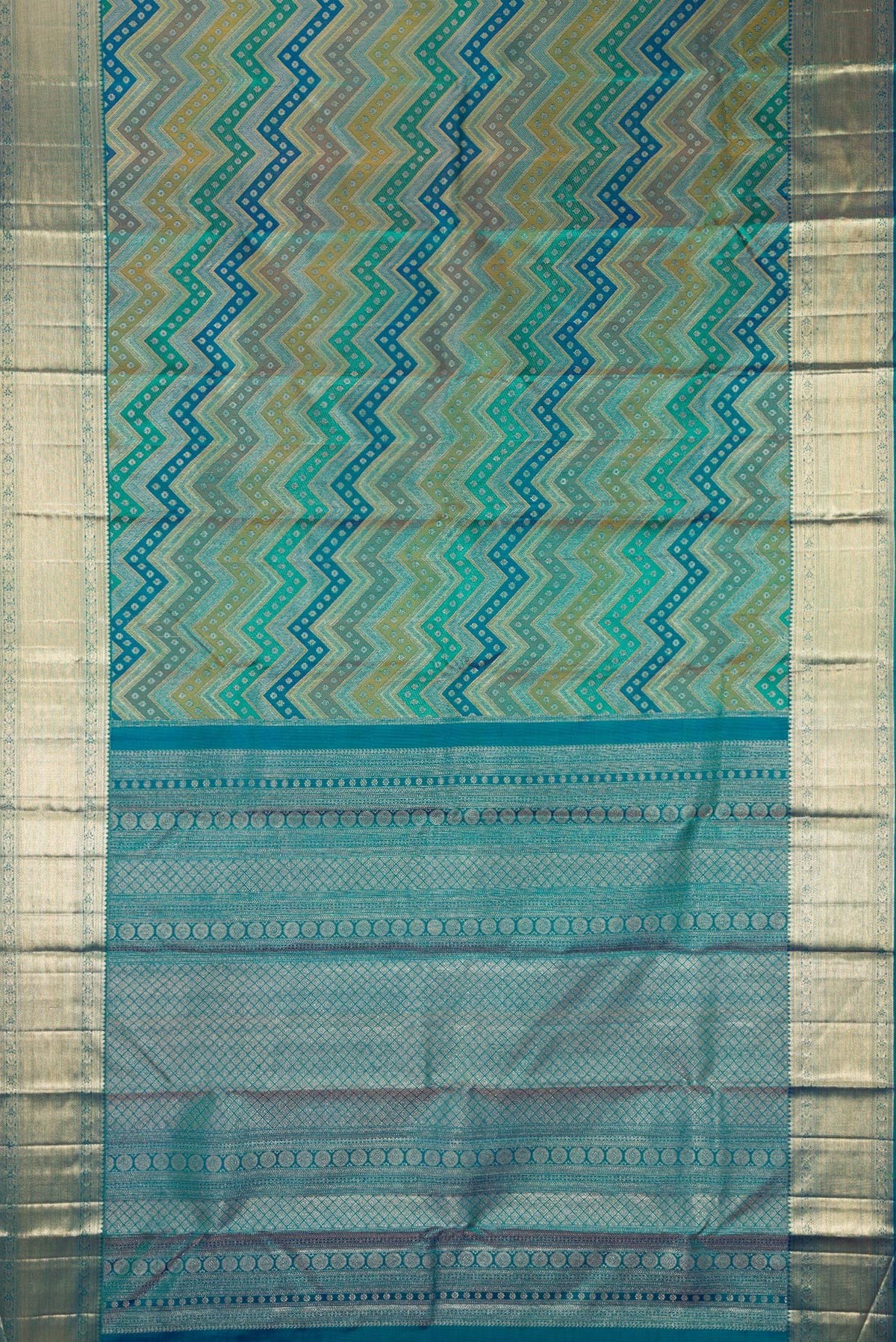 Flat view of Pure Silk Turquoise Dual Tone Kanjivaram Saree with Zari Brocade on the body and Zari Border. 