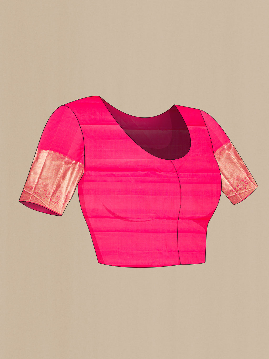 Close up image of the blouse of Pure Silk Pink Kanjivaram Saree with Zari Brocade on the body and Zari Border. 