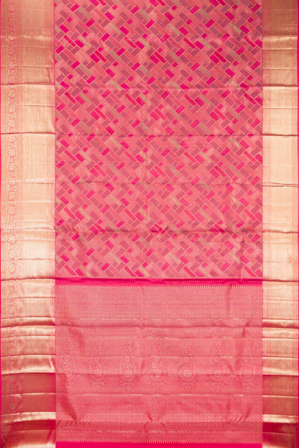 Flat view of Pure Silk Pink Kanjivaram Saree with Zari Brocade on the body and Zari Border. 