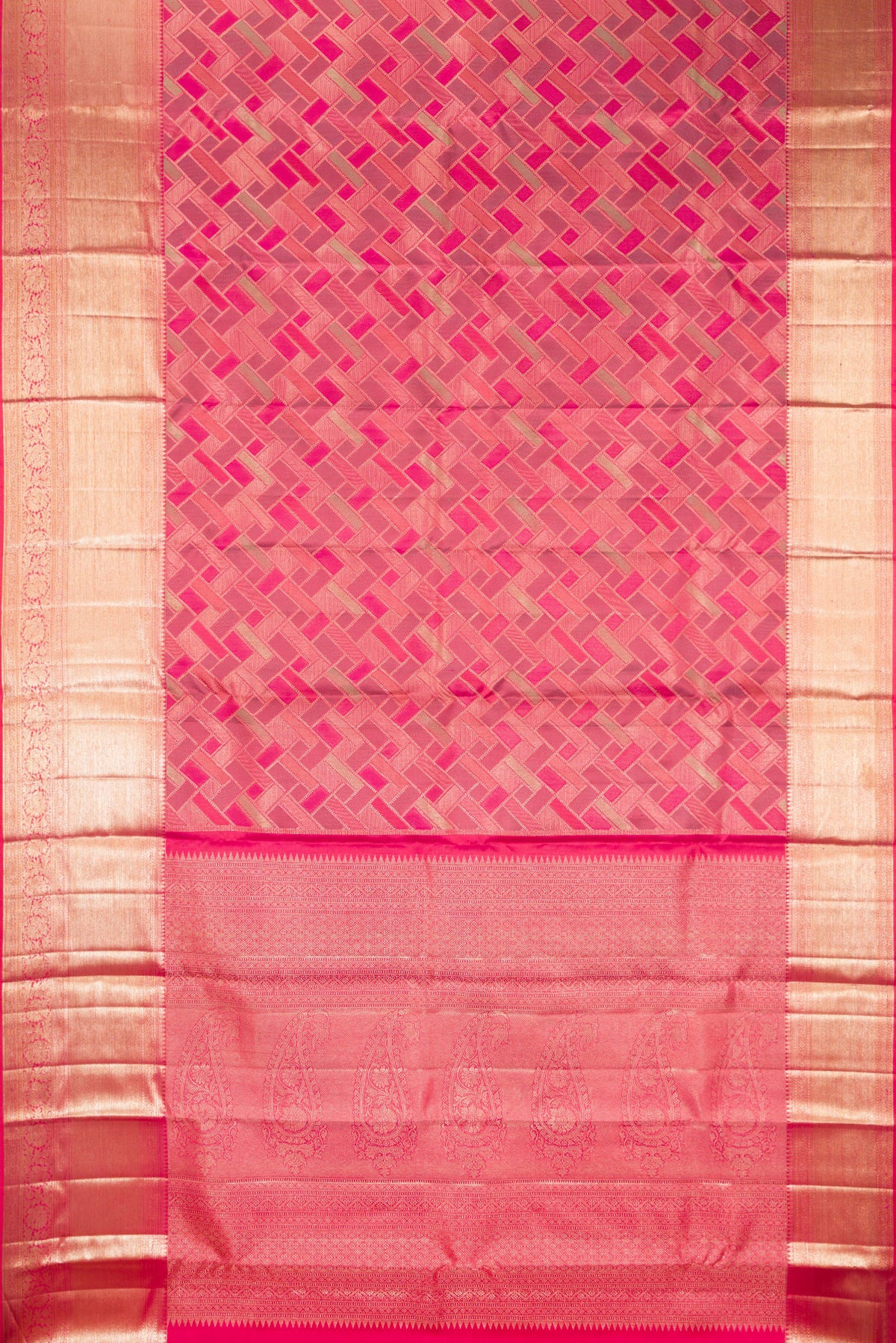 Flat view of Pure Silk Pink Kanjivaram Saree with Zari Brocade on the body and Zari Border. 