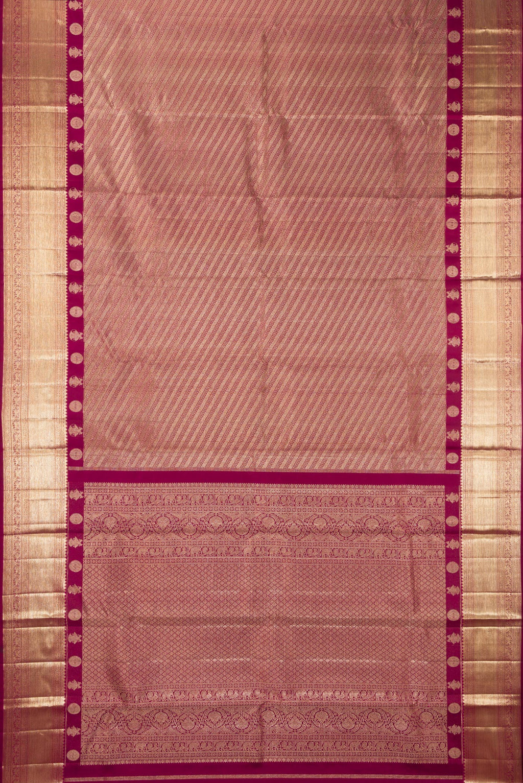 Flat view of Pure Silk Magenta Kanjivaram Saree with Zari Brocade on the body and Fancy Border. 