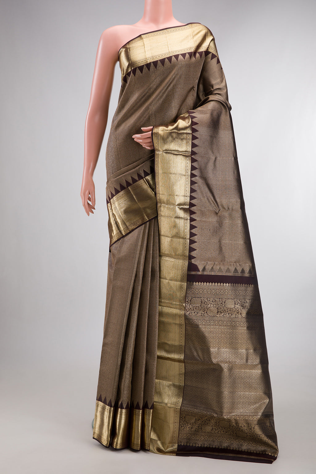 Pure Silk Coffee Brown Dual Tone Kanjivaram Saree with Zari Brocade on the body and Fancy Border.  displayed on a mannequin