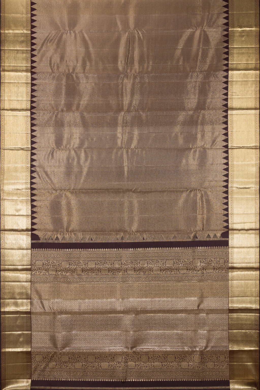 Flat view of Pure Silk Coffee Brown Dual Tone Kanjivaram Saree with Zari Brocade on the body and Fancy Border. 