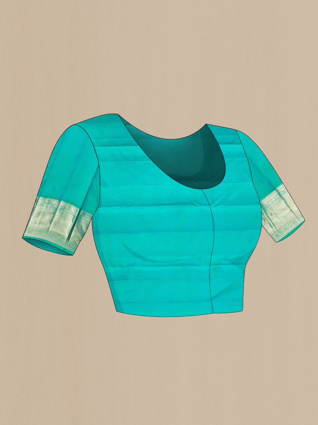Close up image of the blouse of Pure Silk Turquoise Dual Tone Kanjivaram Saree with Zari Brocade on the body and Fancy Border. 