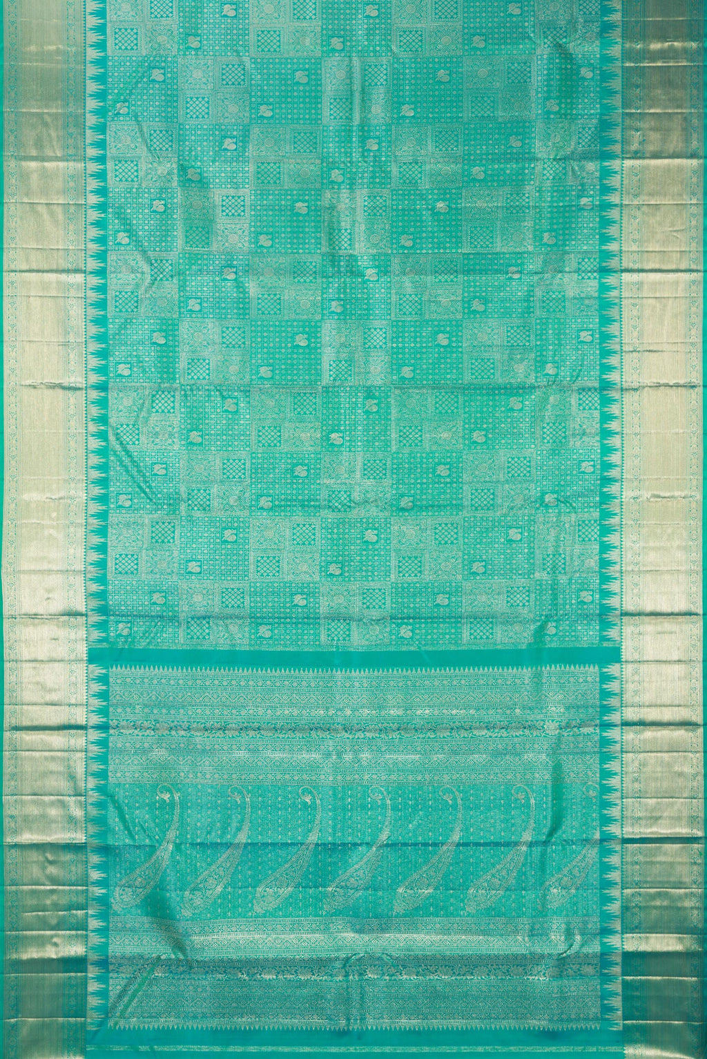 Flat view of Pure Silk Turquoise Dual Tone Kanjivaram Saree with Zari Brocade on the body and Fancy Border. 