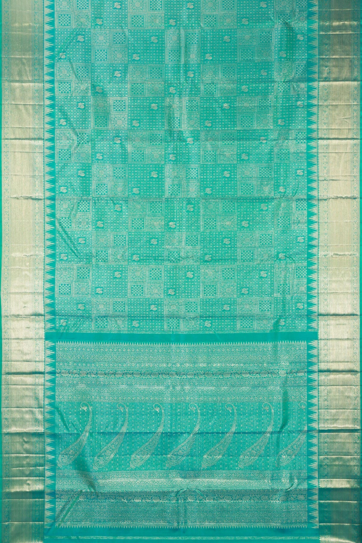Flat view of Pure Silk Turquoise Dual Tone Kanjivaram Saree with Zari Brocade on the body and Fancy Border. 