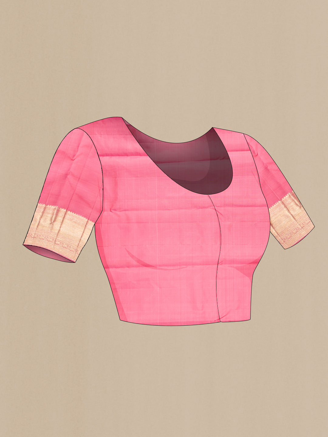 Close up image of the blouse of Pure Silk Rose pink Kanjivaram Saree with Zari Brocade on the body and Fancy Border. 