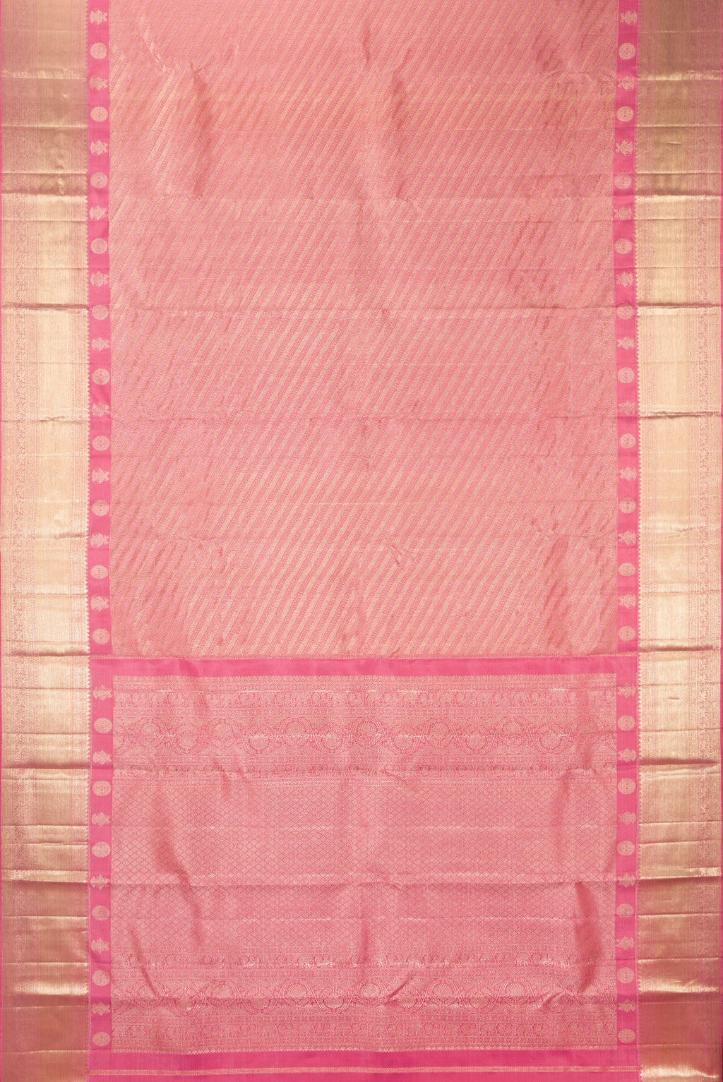 Flat view of Pure Silk Rose pink Kanjivaram Saree with Zari Brocade on the body and Fancy Border. 