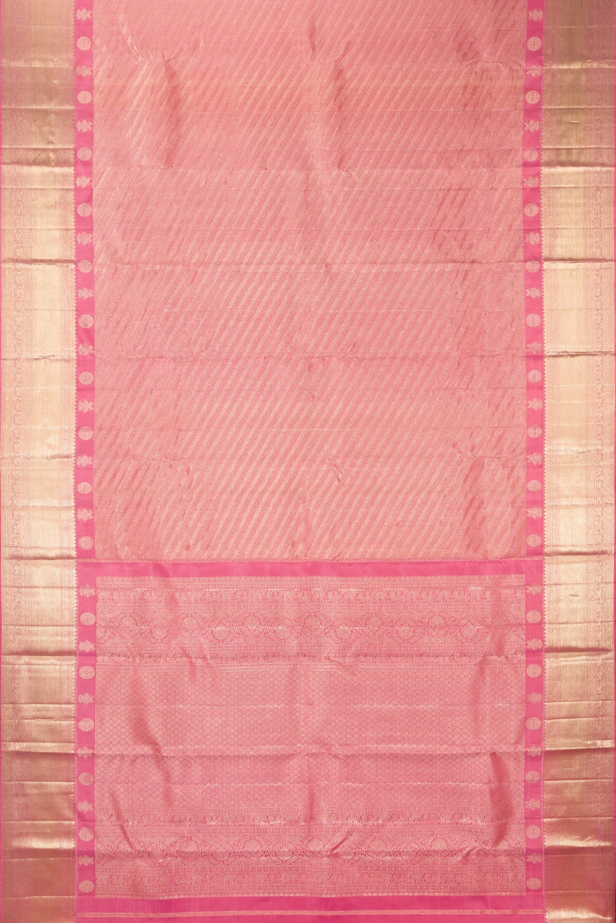 Flat view of Pure Silk Rose pink Kanjivaram Saree with Zari Brocade on the body and Fancy Border. 