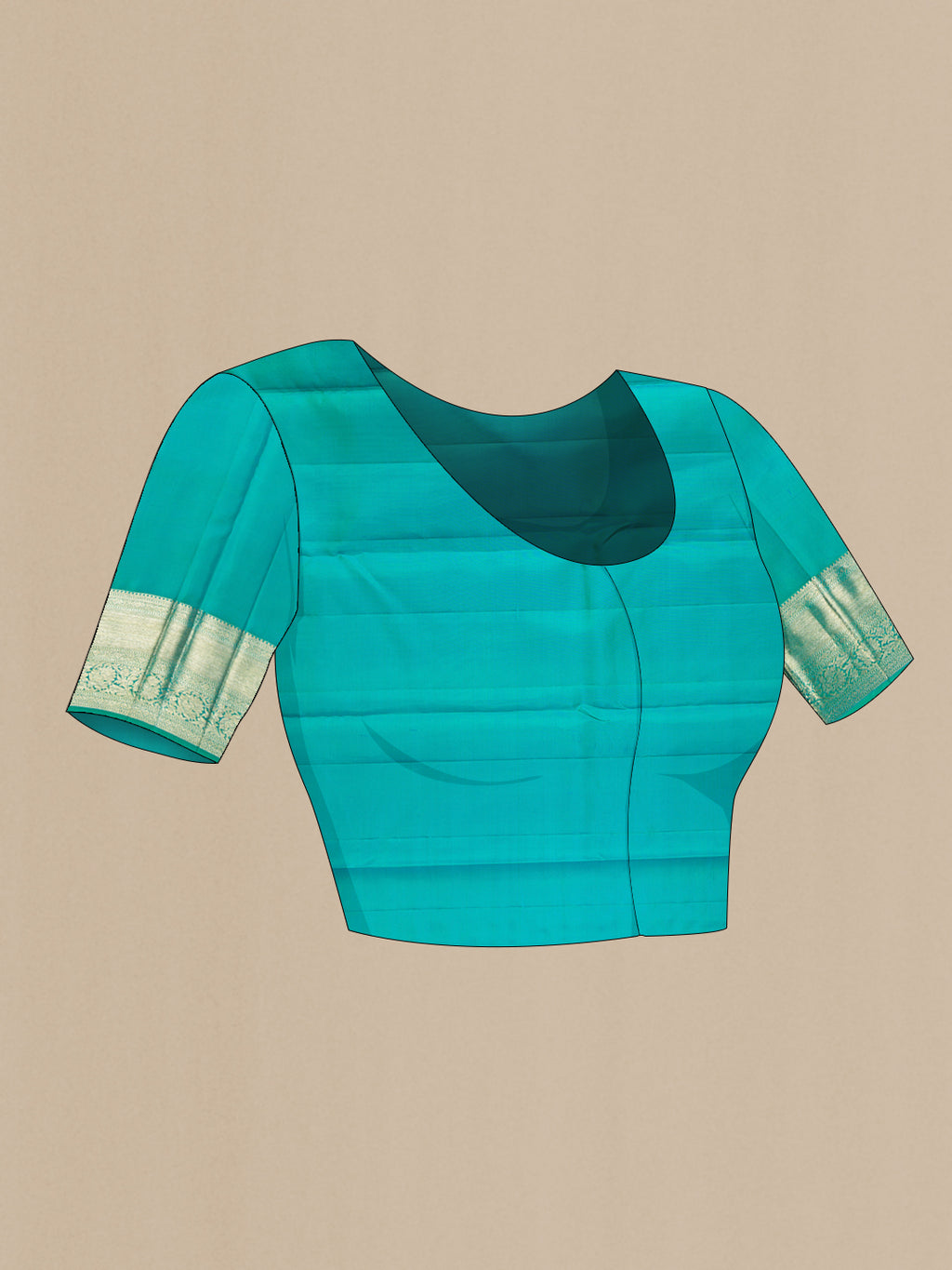 Close up image of the blouse of Pure Silk Sea Green Dual Tone Kanjivaram Saree with Zari Brocade on the body and Fancy Border. 