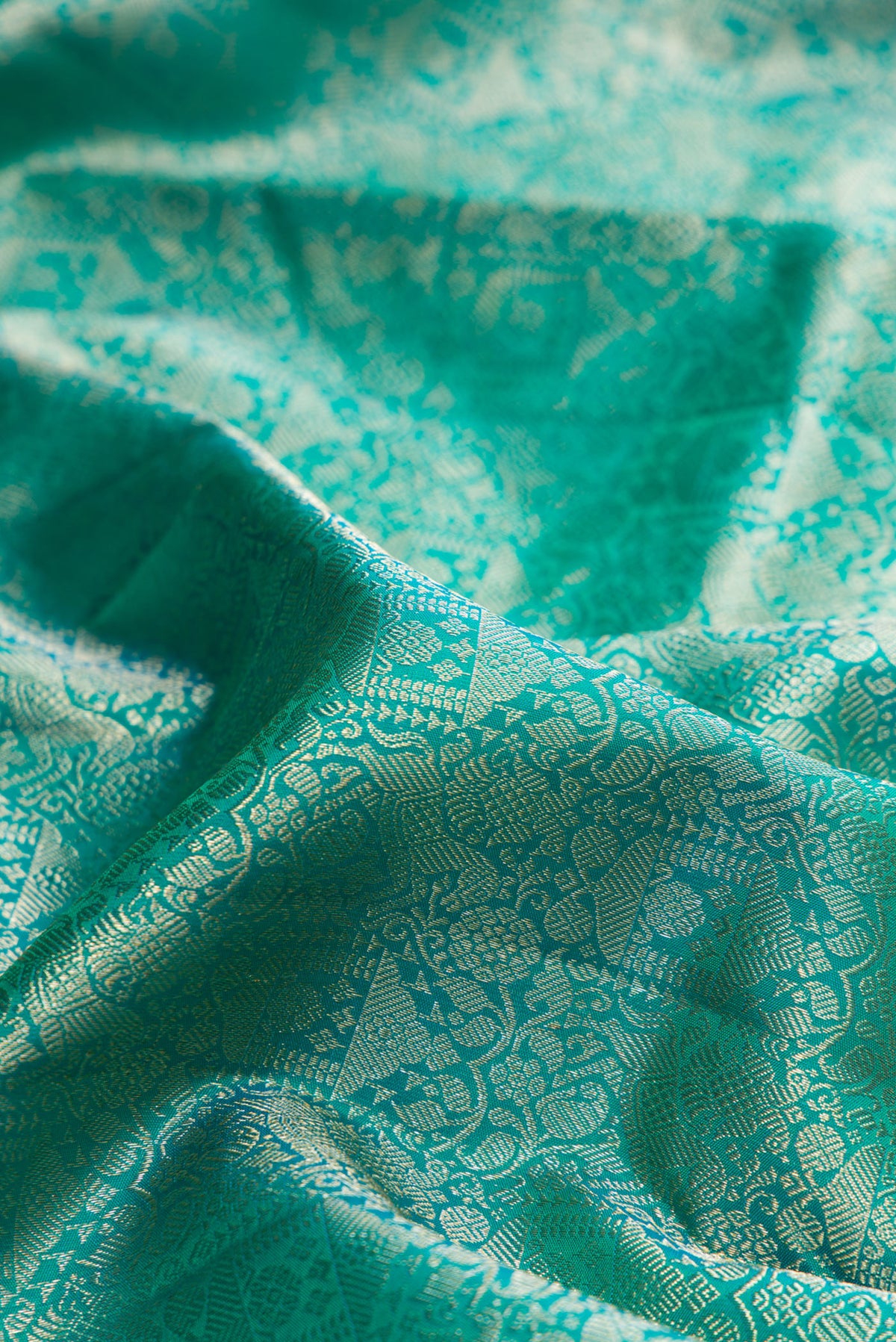 Close up of Pure Silk Sea Green Dual Tone Kanjivaram Saree with Zari Brocade on the body and Fancy Border.  displaying folds