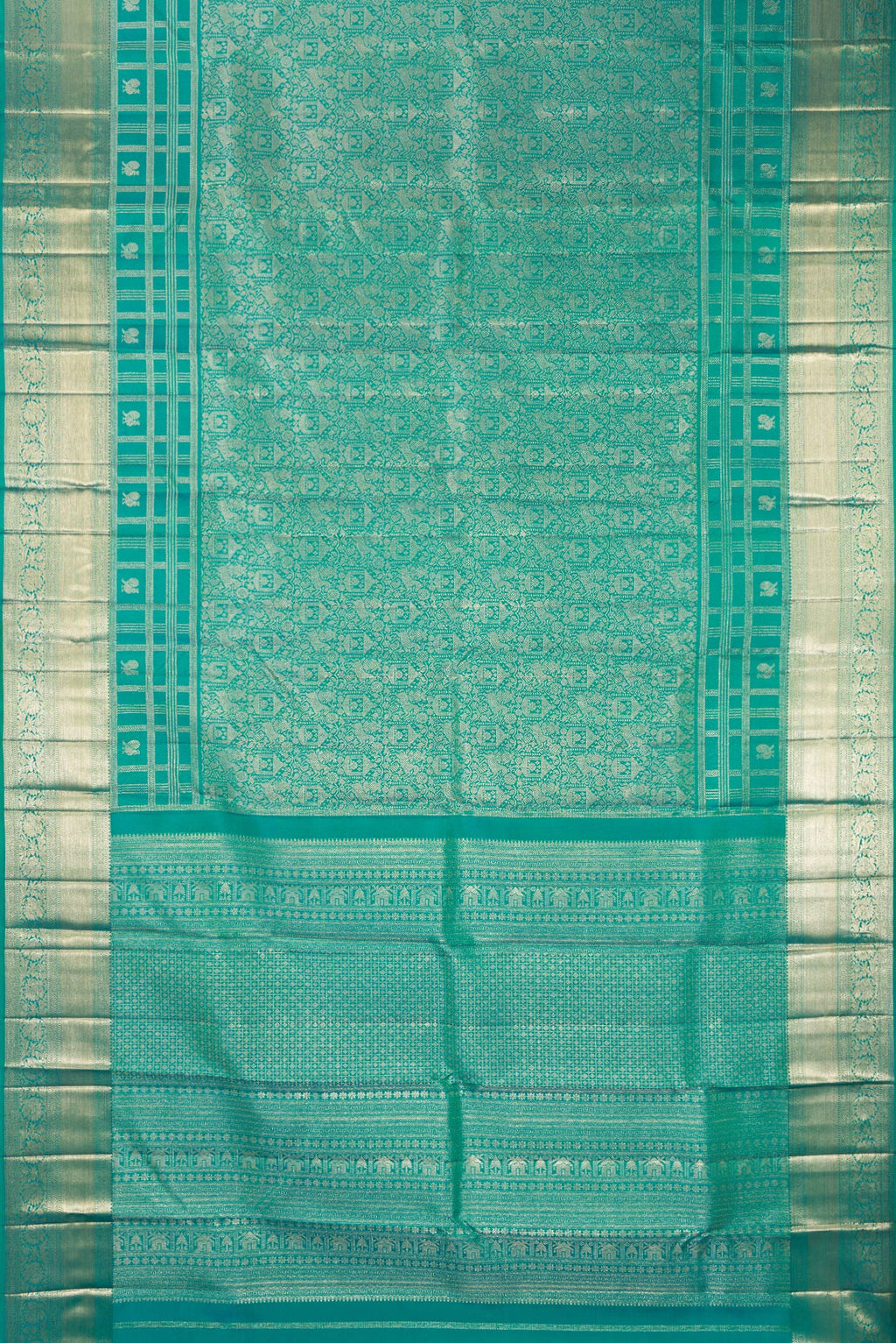 Flat view of Pure Silk Sea Green Dual Tone Kanjivaram Saree with Zari Brocade on the body and Fancy Border. 