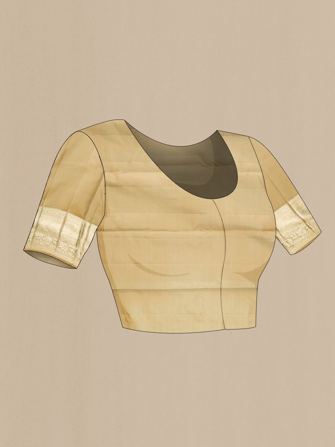 Close up image of the blouse of Pure Silk Beige Kanjivaram Saree with Zari Brocade on the body and Fancy Border. 