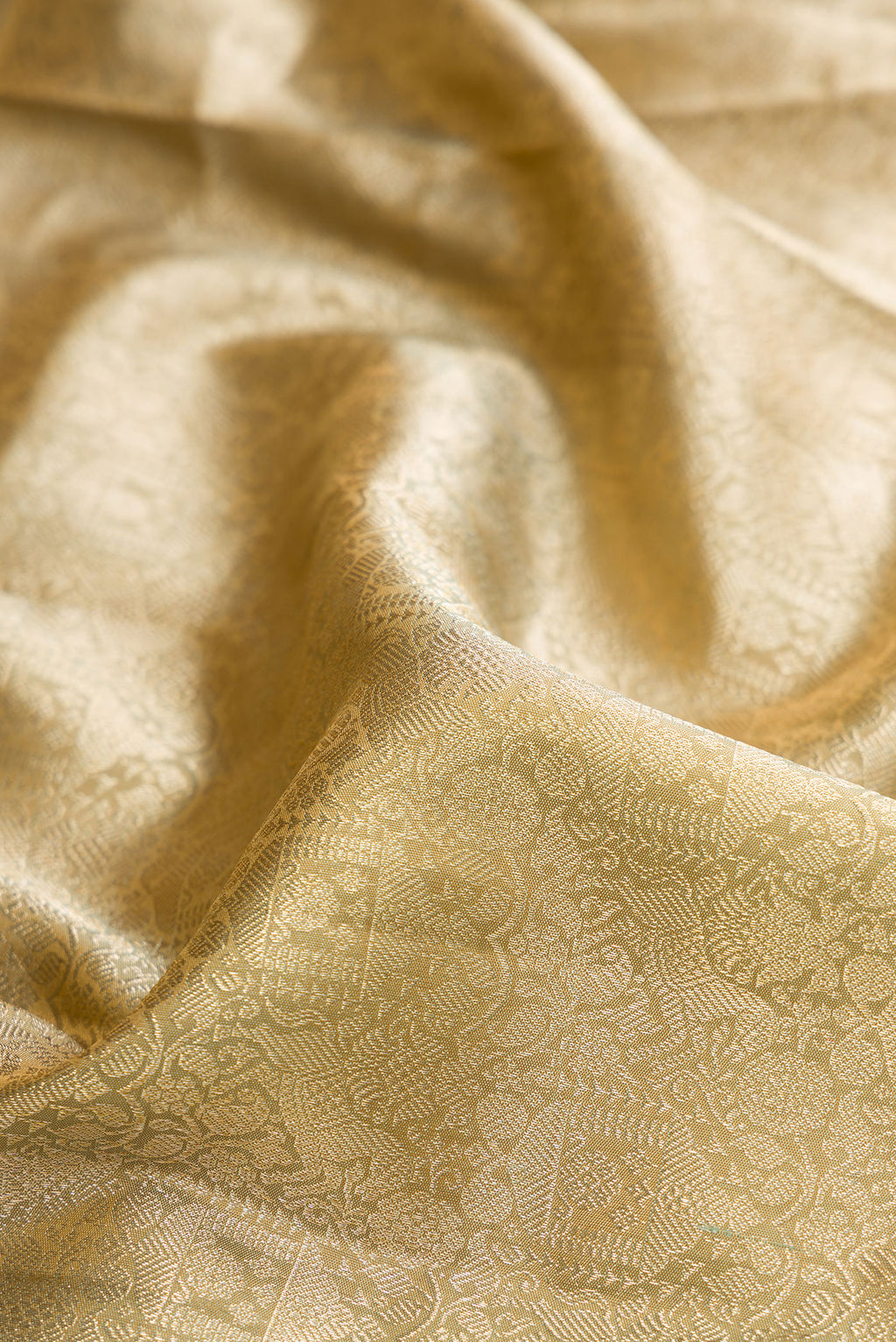 Close up of Pure Silk Beige Kanjivaram Saree with Zari Brocade on the body and Fancy Border.  displaying folds